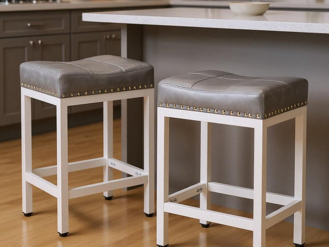 Set of Two 22" Gray and Off White Upholstered and Heavy Duty Plastic Backless Bar Chairs