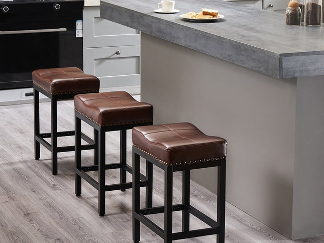 Set of Two 22" Black and Brown Upholstered and Heavy Duty Plastic Backless Bar Chairs