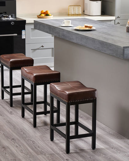 Set of Two 22" Black and Brown Upholstered and Heavy Duty Plastic Backless Bar Chairs