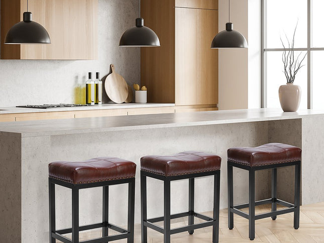 Set of Two 22" Black and Brown Upholstered and Heavy Duty Plastic Backless Bar Chairs