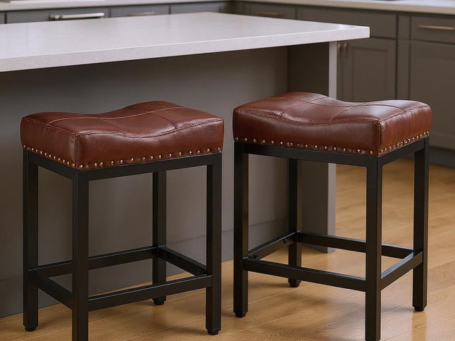 Set of Two 22" Black and Brown Upholstered and Heavy Duty Plastic Backless Bar Chairs