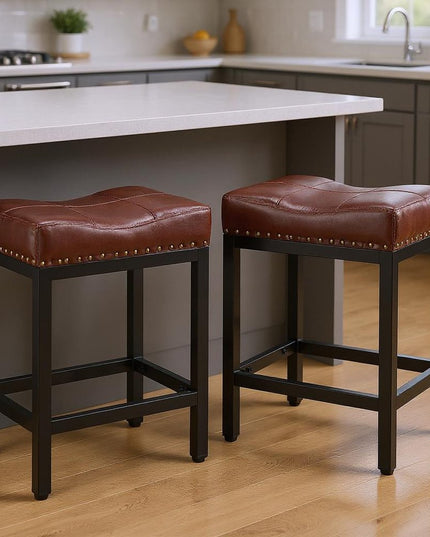 Set of Two 22" Black and Brown Upholstered and Heavy Duty Plastic Backless Bar Chairs