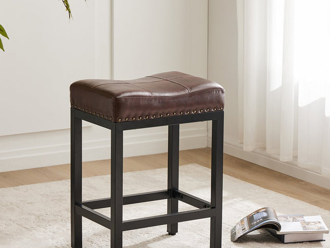 Set of Two 22" Black and Brown Upholstered and Heavy Duty Plastic Backless Bar Chairs