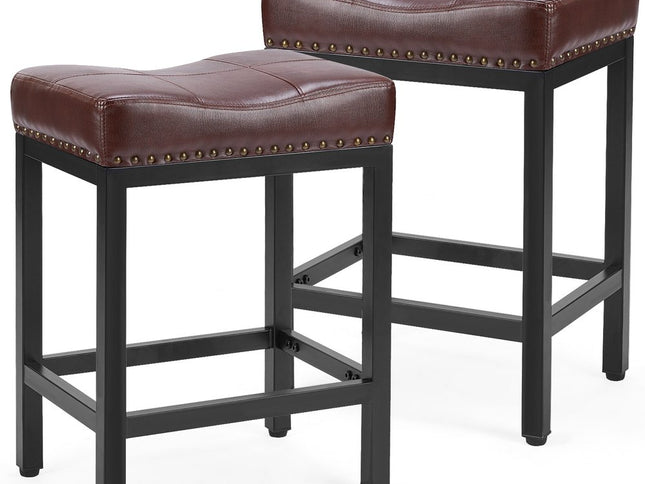 Set of Two 22" Black and Brown Upholstered and Heavy Duty Plastic Backless Bar Chairs