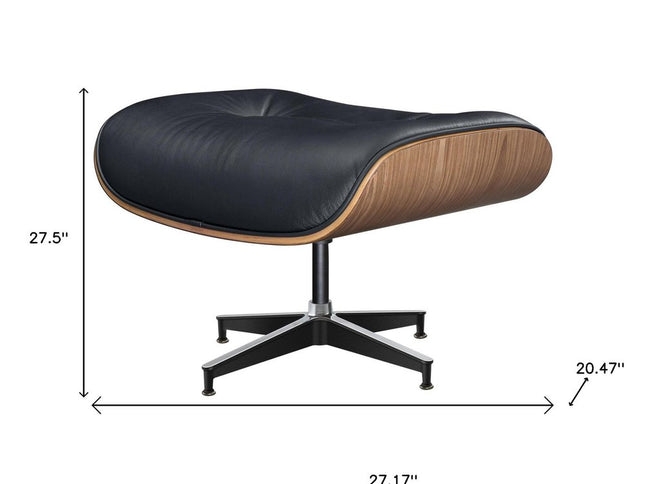 27" Black and Light Brown Tufted Genuine Leather Swivel Lounge Chair With Ottoman