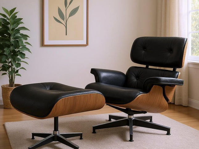 27" Black and Light Brown Tufted Genuine Leather Swivel Lounge Chair With Ottoman