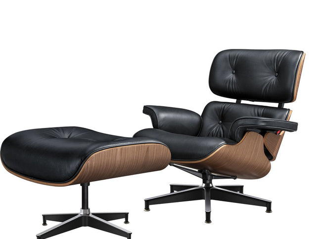 27" Black and Light Brown Tufted Genuine Leather Swivel Lounge Chair With Ottoman