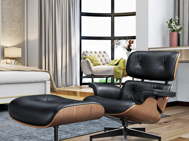 27" Black and Light Brown Tufted Genuine Leather Swivel Lounge Chair With Ottoman