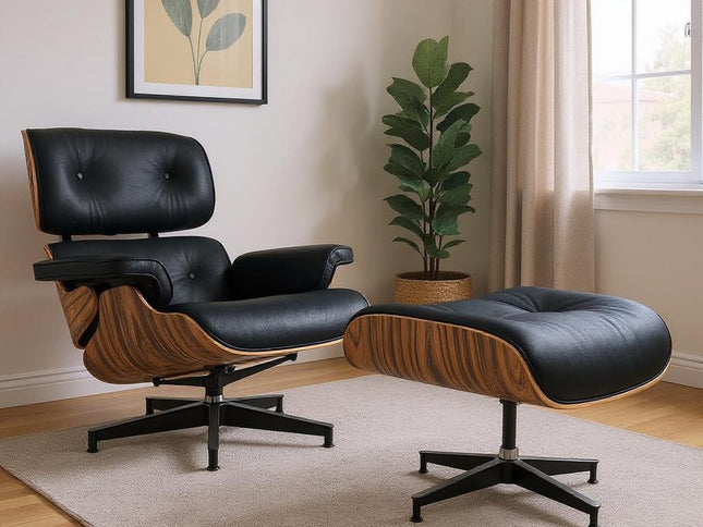 27" Black and Brown Tufted Genuine Cowhide Swivel Lounge Chair With Ottoman