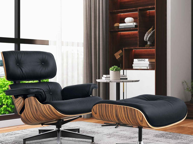 27" Black and Brown Tufted Genuine Cowhide Swivel Lounge Chair With Ottoman