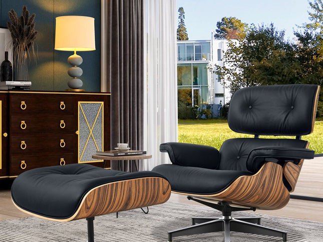 27" Black and Brown Tufted Genuine Cowhide Swivel Lounge Chair With Ottoman