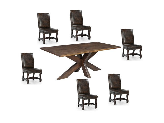 Seven Piece Brown Solid Wood Dining Set with Six Chairs
