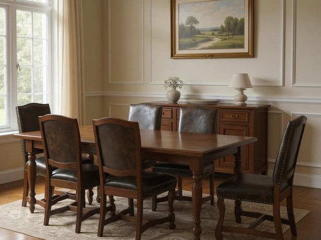Seven Piece Brown Solid Wood Dining Set with Six Chairs