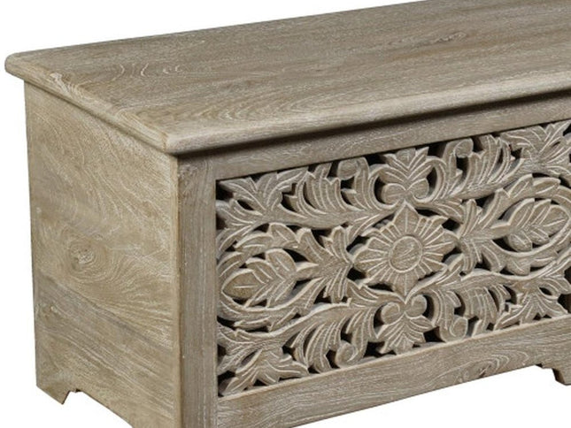 52" Gray Distressed Solid Wood Carved Floral Storage Ottoman