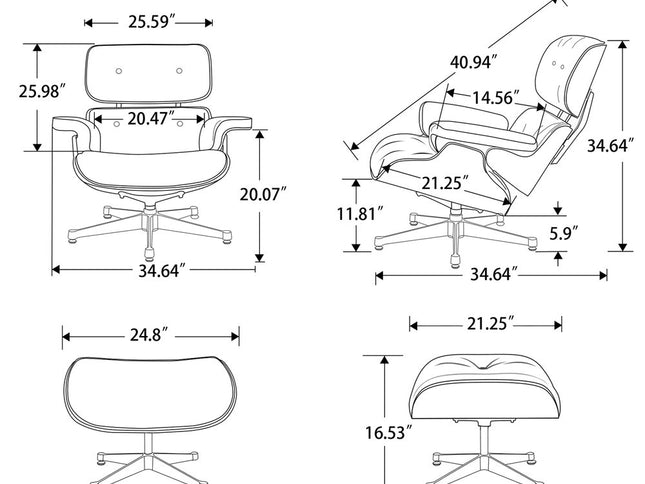 28" Black and Rosewood Tufted Genuine Leather Lounge Chair With Ottoman