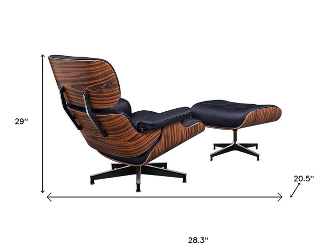 28" Black and Rosewood Tufted Genuine Leather Lounge Chair With Ottoman