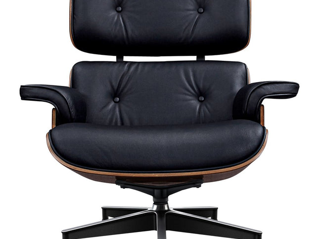 28" Black and Rosewood Tufted Genuine Leather Lounge Chair With Ottoman