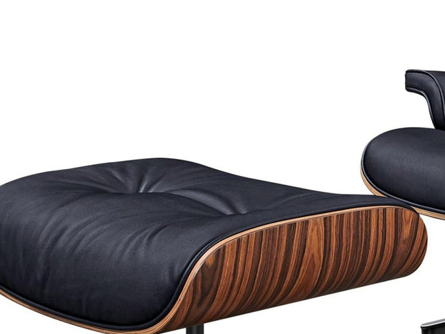 28" Black and Rosewood Tufted Genuine Leather Lounge Chair With Ottoman