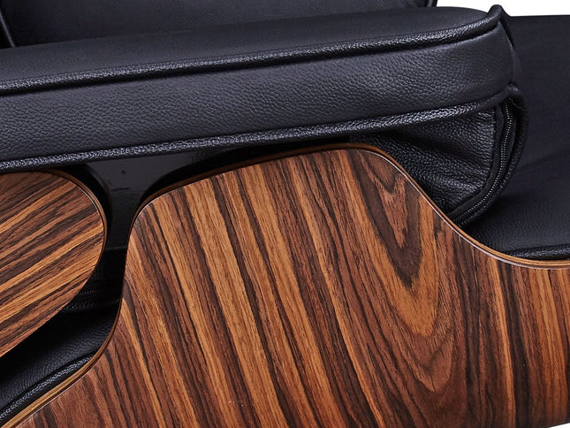 28" Black and Rosewood Tufted Genuine Leather Lounge Chair With Ottoman