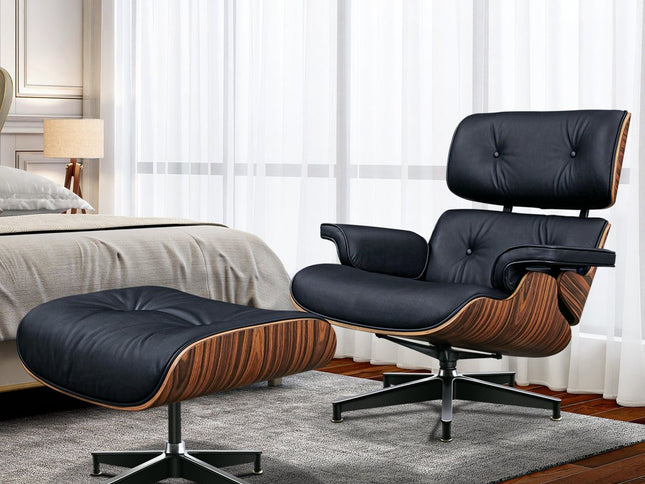 28" Black and Rosewood Tufted Genuine Leather Lounge Chair With Ottoman