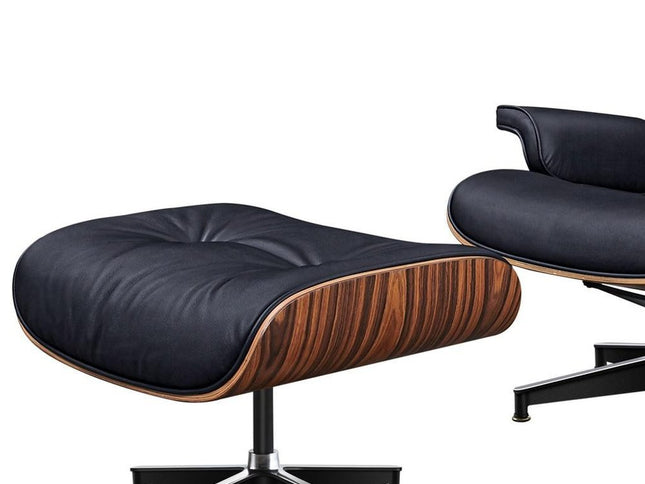 28" Black and Rosewood Tufted Genuine Leather Lounge Chair With Ottoman