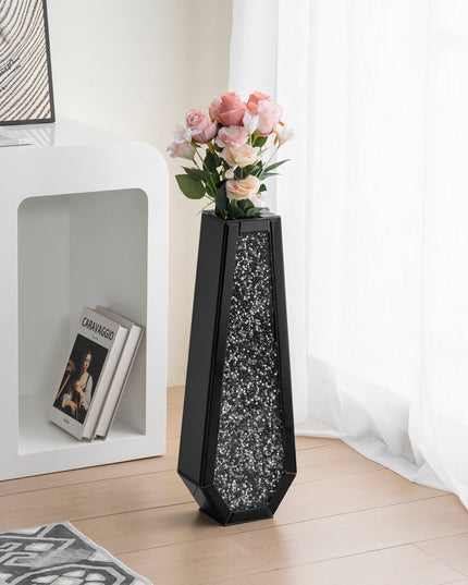 24" Black Crystal Glass Floor Vase With Faux Crystals