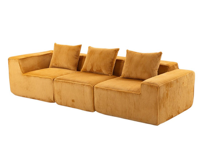111" Gold Corduroy Modular Ribbed Compression Foam Sofa With Toss Pillows