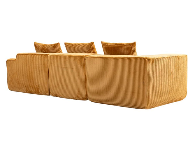 111" Gold Corduroy Modular Ribbed Compression Foam Sofa With Toss Pillows