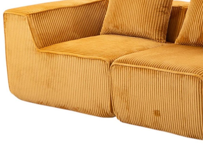 111" Gold Corduroy Modular Ribbed Compression Foam Sofa With Toss Pillows