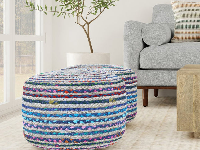20" Blue Jute Round Pouf Ottoman