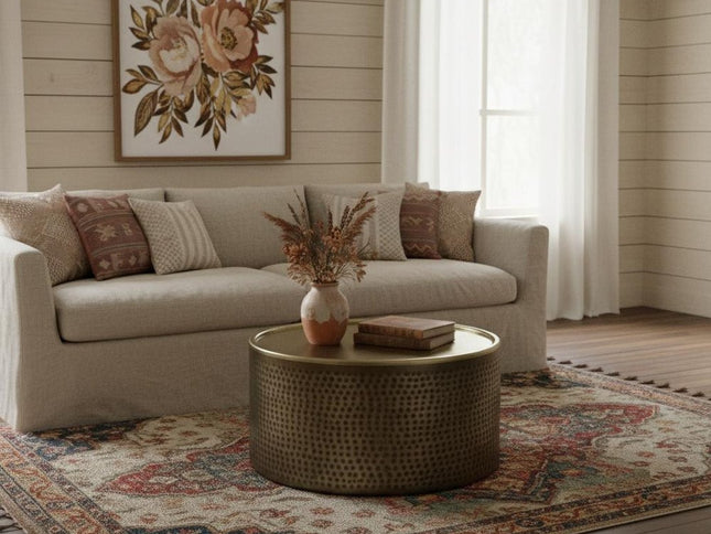 32" Antiqued Gold Iron Round Solid Coffee Table