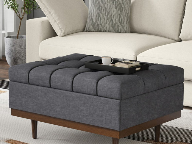 34" Walnut and Slate Gray Upholstery Storage Ottoman
