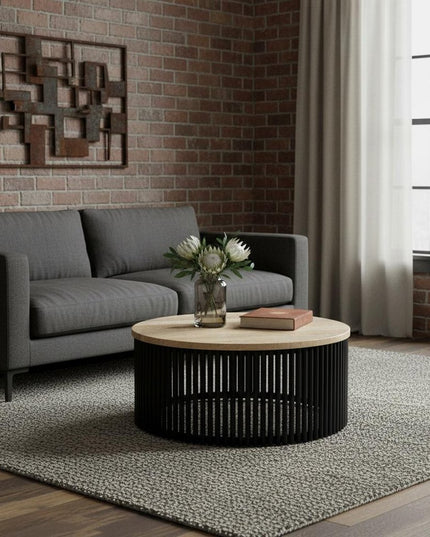 35" Black Solid Wood Round Solid Coffee Table