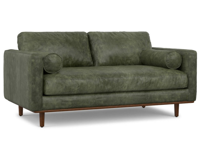 72" Moss Green Leather Sofa With Brown Legs