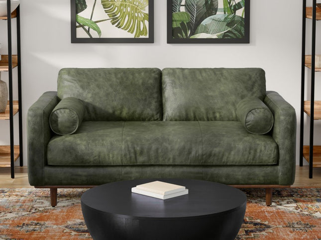 72" Moss Green Leather Sofa With Brown Legs