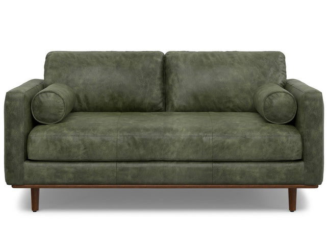 72" Moss Green Leather Sofa With Brown Legs