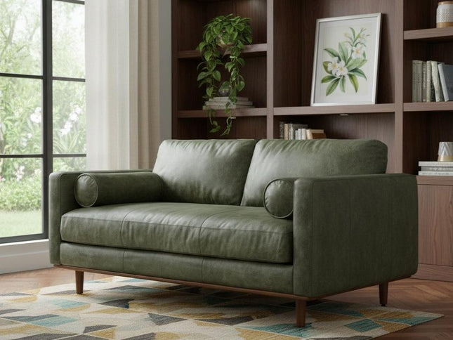 72" Moss Green Leather Sofa With Brown Legs
