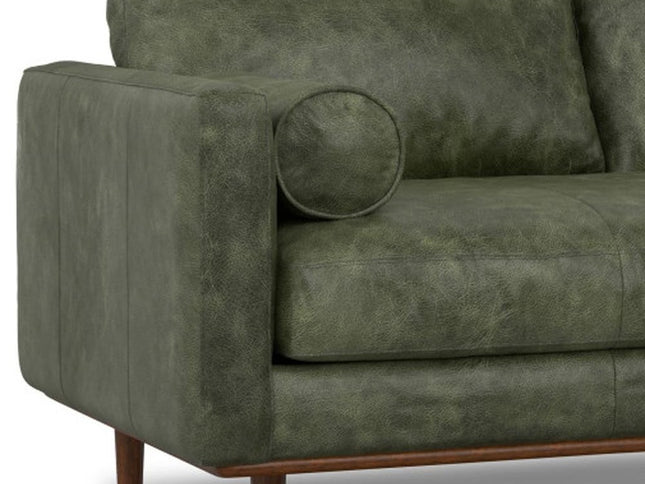 72" Moss Green Leather Sofa With Brown Legs