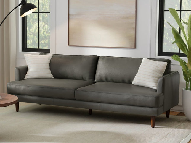 90" Black Leather Sofa With Brown Legs