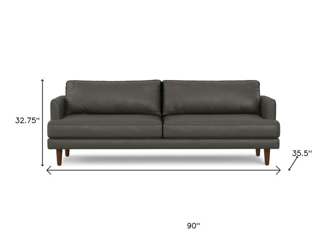 90" Black Leather Sofa With Brown Legs