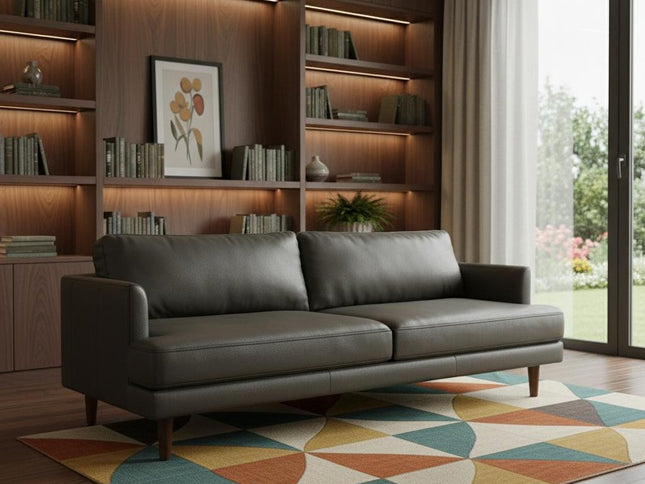 90" Black Leather Sofa With Brown Legs