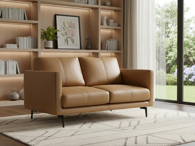 60" Brown Leather Sofa With Black Legs