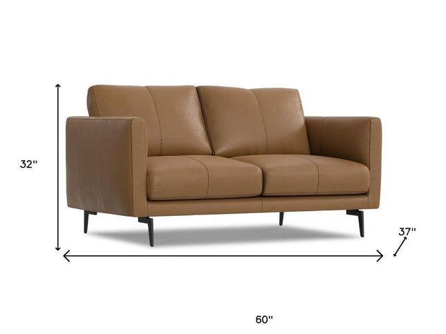 60" Brown Leather Sofa With Black Legs