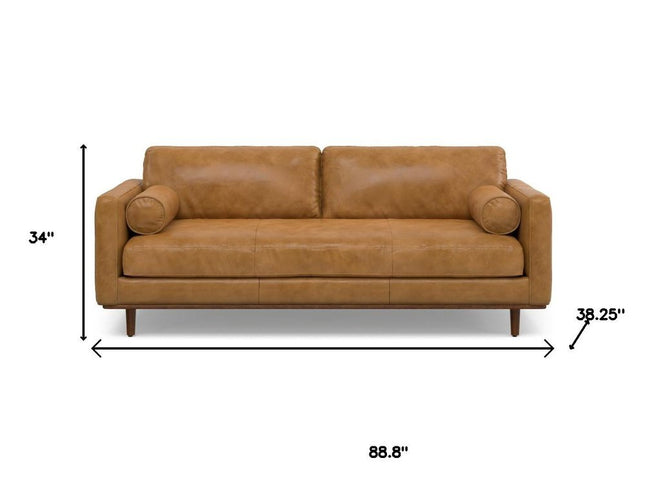 89" Sienna Leather Sofa With Brown Legs