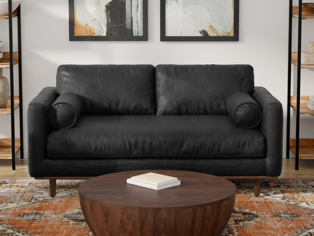 72" Black Leather Sofa With Brown Legs