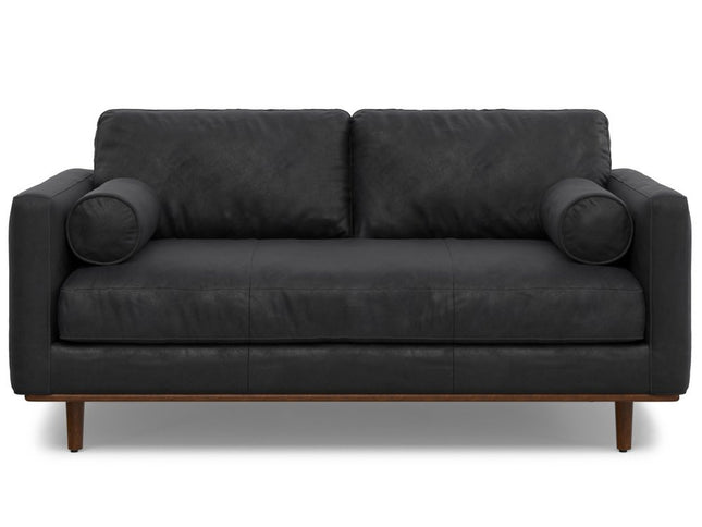 72" Black Leather Sofa With Brown Legs