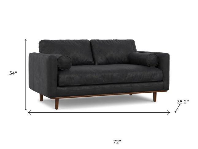 72" Black Leather Sofa With Brown Legs
