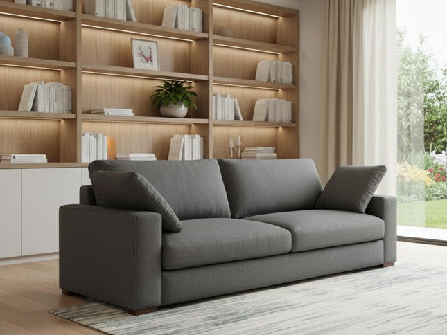 96" Gray Fabric Sofa With Brown Legs