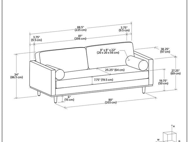 89" Gray Fabric Sofa With Brown Legs