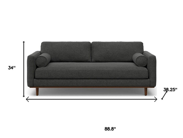 89" Gray Fabric Sofa With Brown Legs